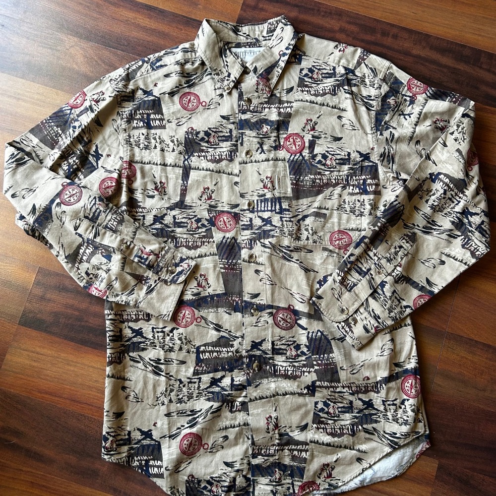 Roundtree & Yorke Outfitters Men's Medium Button Up Shirt Novelty Compass Canoe